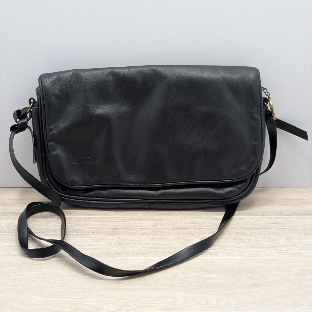 Stone Mountain Small Black Leather Crossbody Bag Made in USA Brass Hardware